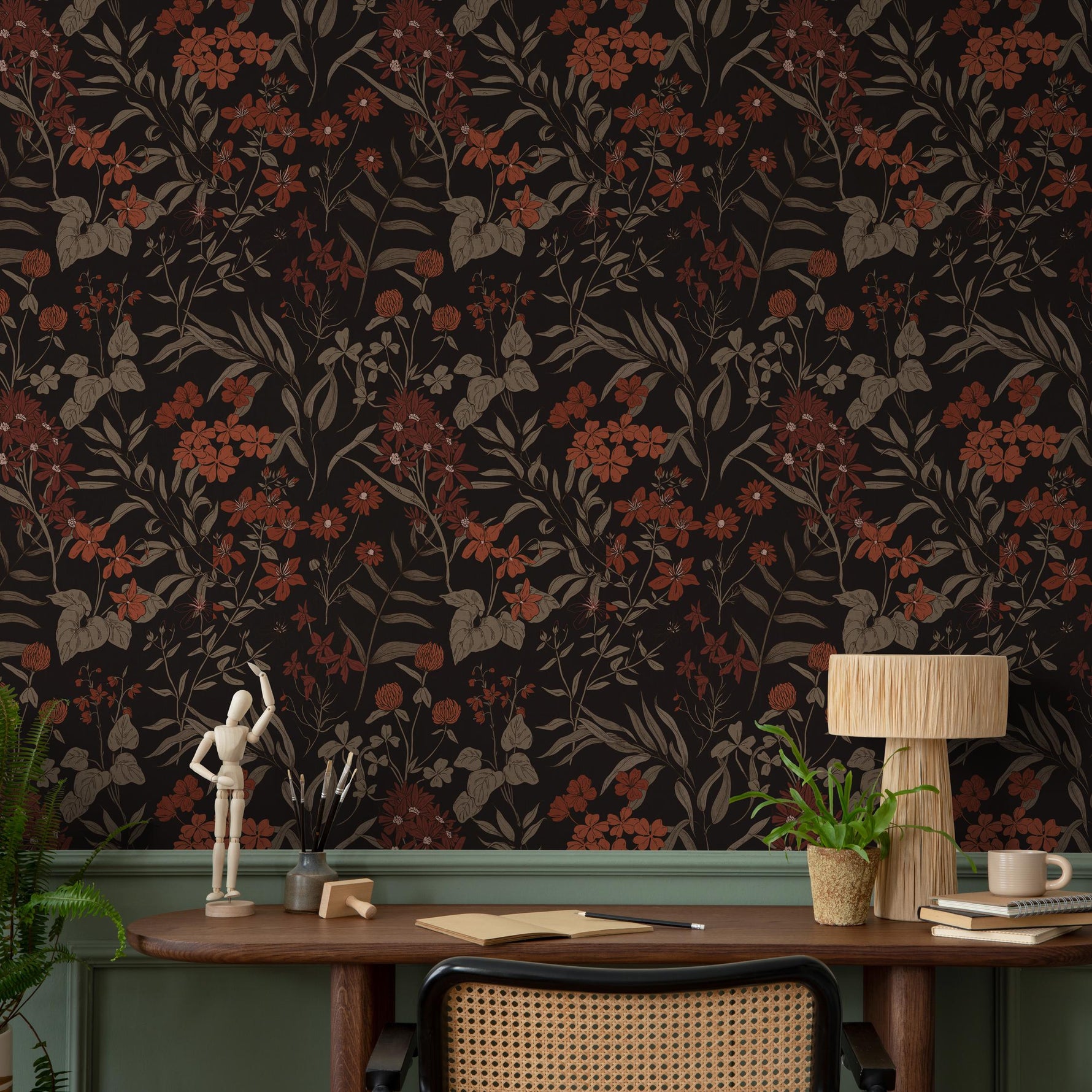 Botanical Wallpaper with Vintage Wildflowers in Rust, Taupe, and Black - E379
