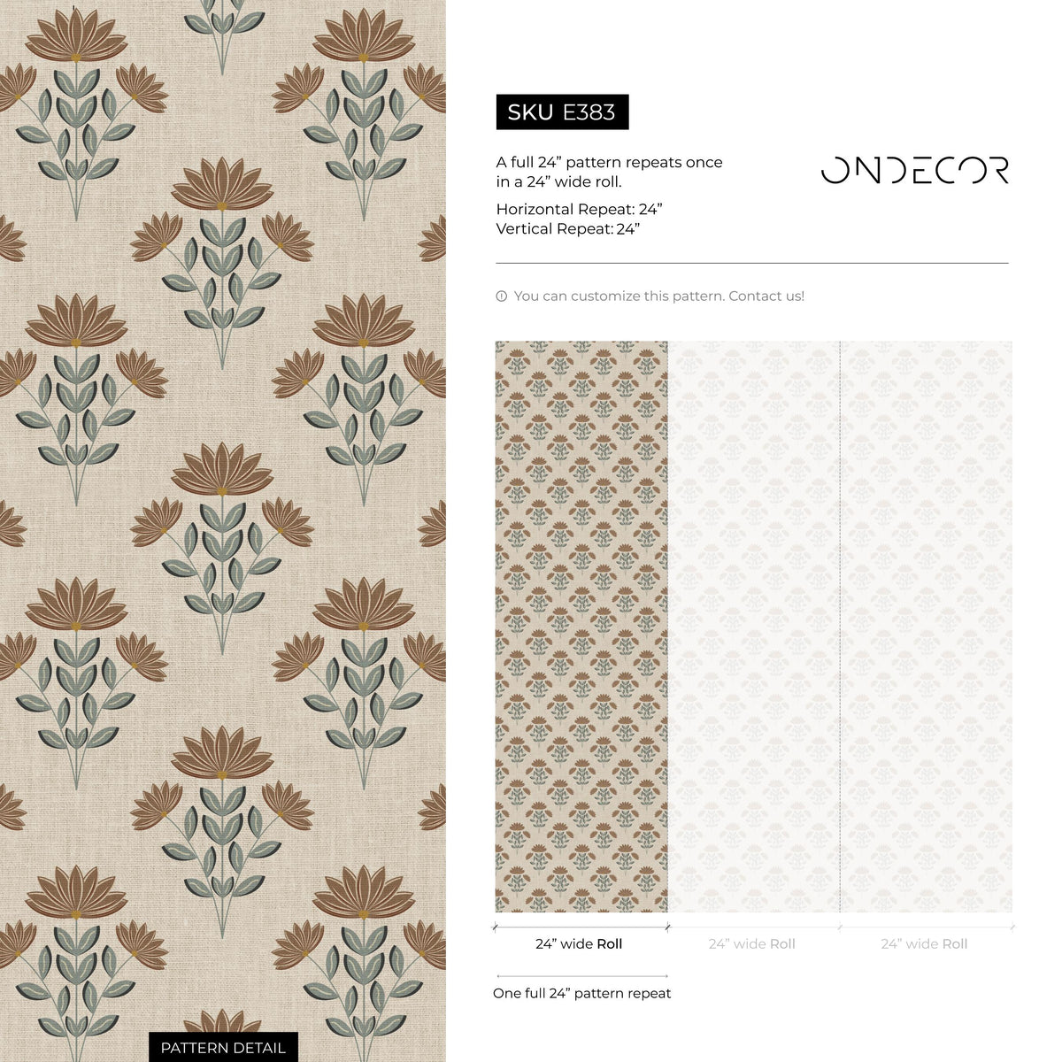 Floral Wallpaper with a Stylized Lotus Motif in Brown, Green, and Beige - E383