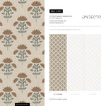 Floral Wallpaper with a Stylized Lotus Motif in Brown, Green, and Beige - E383