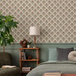 Floral Wallpaper with a Stylized Lotus Motif in Brown, Green, and Beige - E383