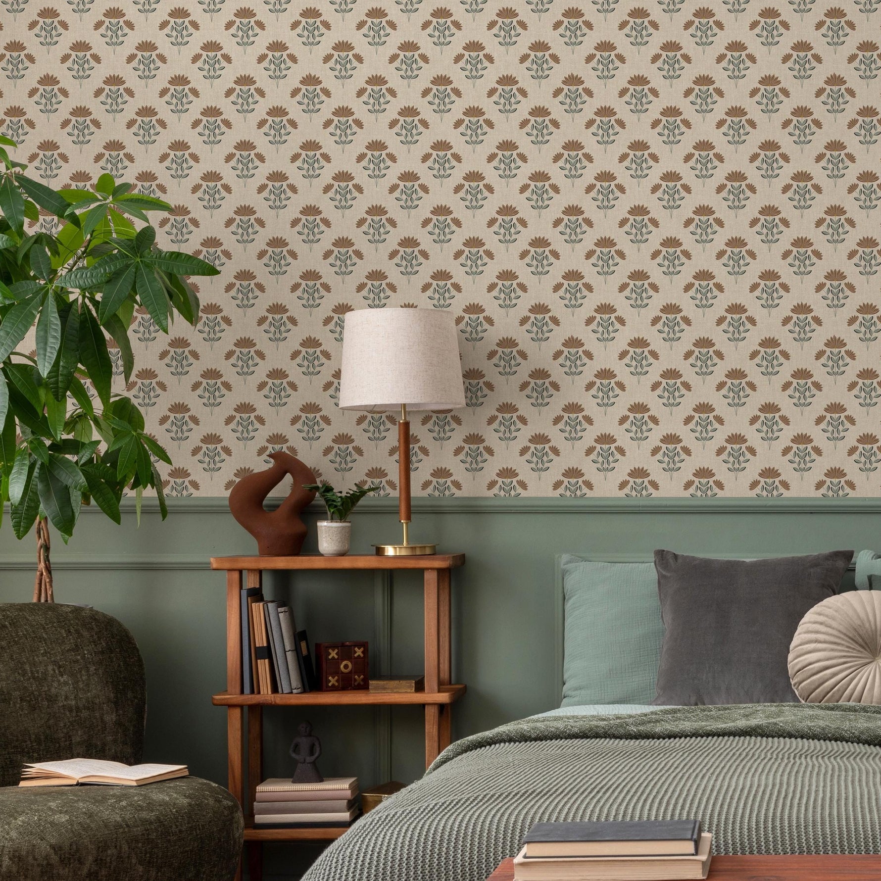 Floral Wallpaper with a Stylized Lotus Motif in Brown, Green, and Beige - E383