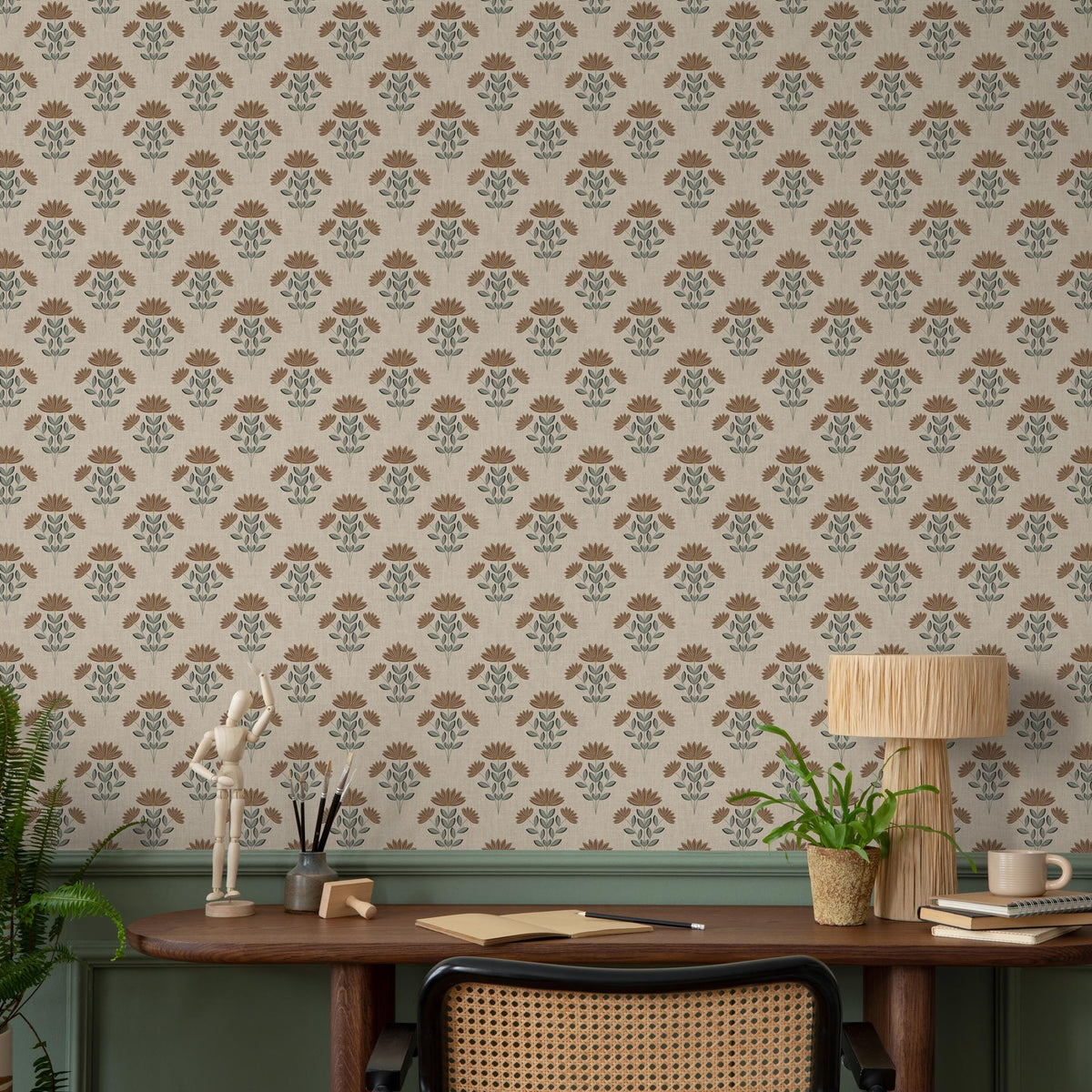 Floral Wallpaper with a Stylized Lotus Motif in Brown, Green, and Beige - E383