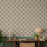 Floral Wallpaper with a Stylized Lotus Motif in Brown, Green, and Beige - E383