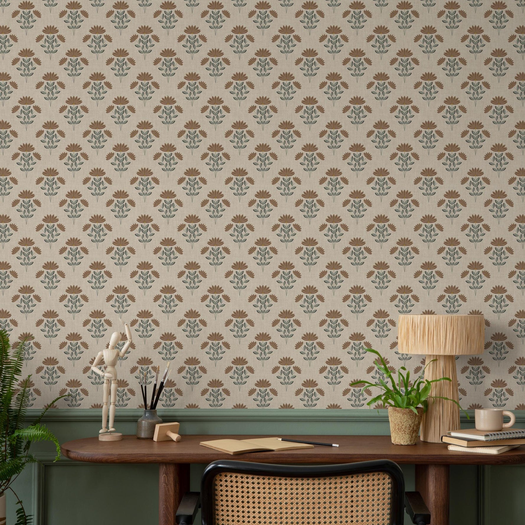 Floral Wallpaper with a Stylized Lotus Motif in Brown, Green, and Beige - E383