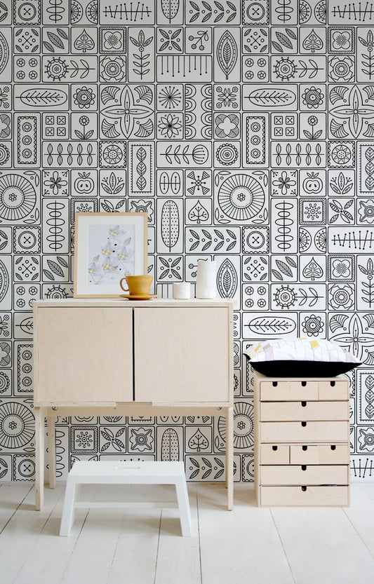 Tiles Wallpaper, Nursery Wallpaper, Drawing Wallpaper, Geometric Wallpaper, Self-Adhesive, Black and White Removable Wallpaper - A236
