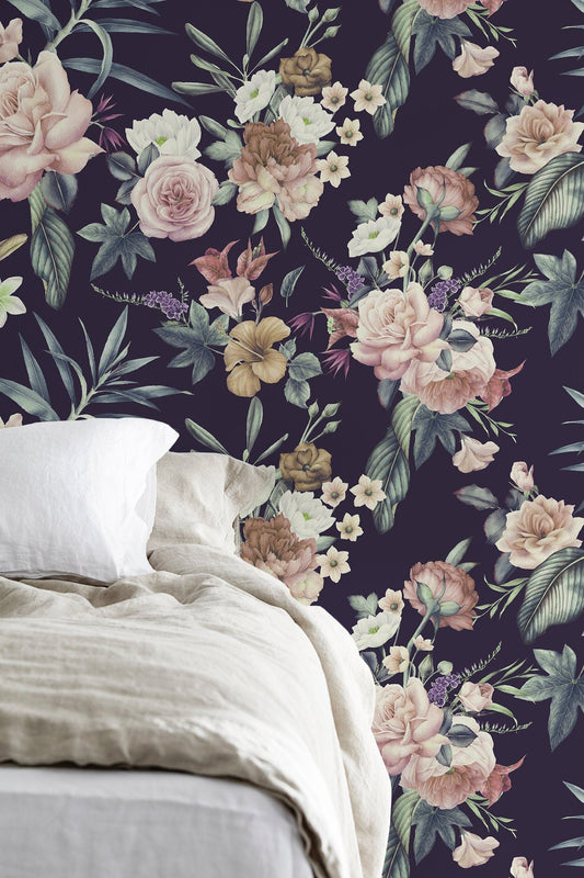 Floral Wallpaper, Wallpaper, Dark Floral, Black Floral Wallpaper, Temporary Wallpaper, Peel and Stick - A237