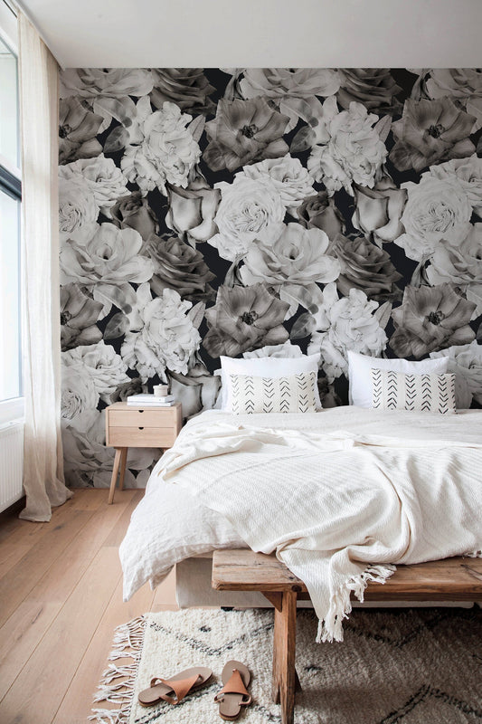 Black And White Roses Wallpaper, Self-adhesive Removable Wallpaper, Floral Wallpaper, Peel and Stick Fabric Wallpaper, Wallpaper - A838