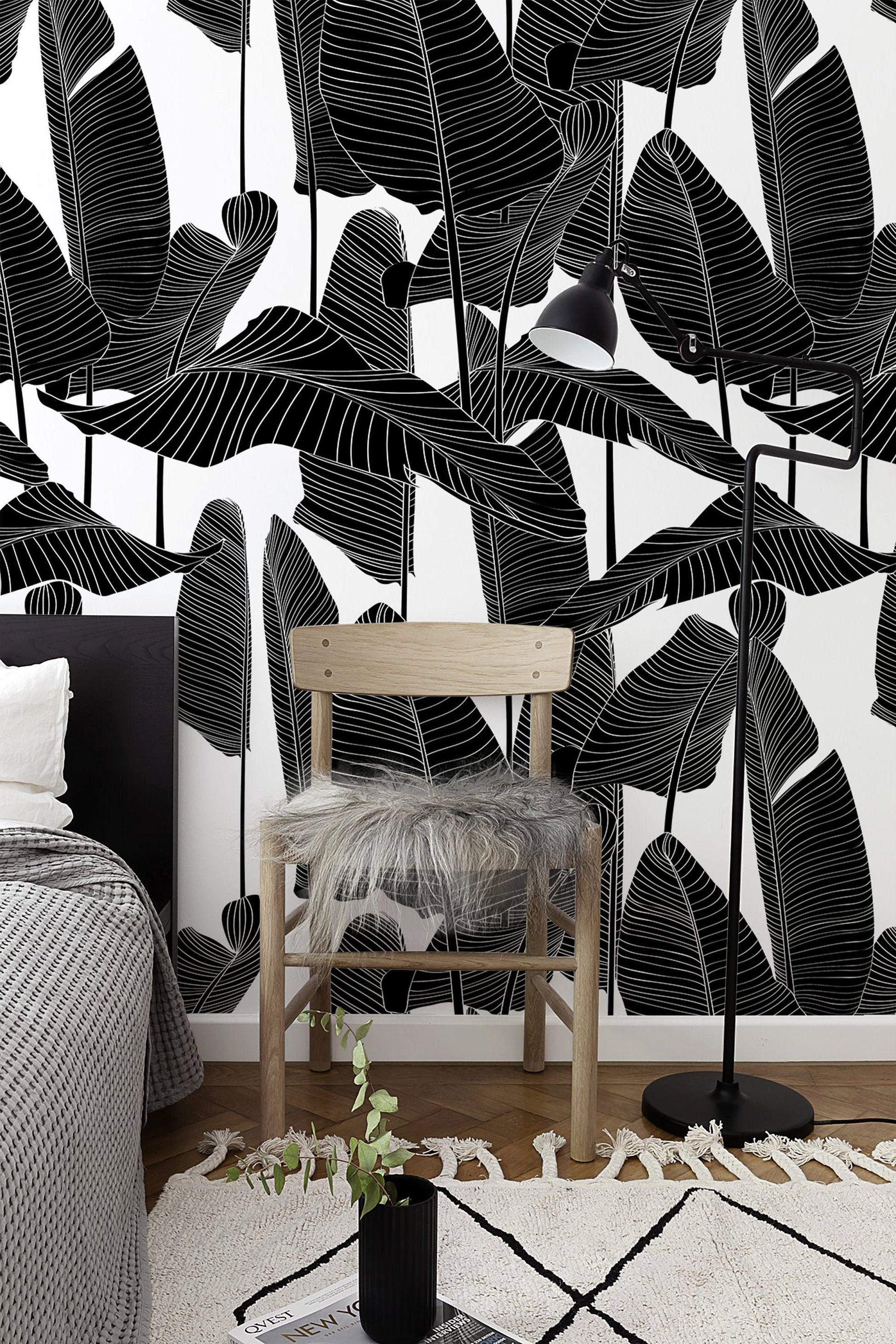 Black and White Banana Leaf, Removable Wallpaper, Temporary Wallpaper, Wall Paper Removable, Wallpaper - B097