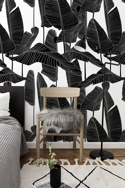 Black and White Banana Leaf, Removable Wallpaper, Temporary Wallpaper, Wall Paper Removable, Wallpaper - B097