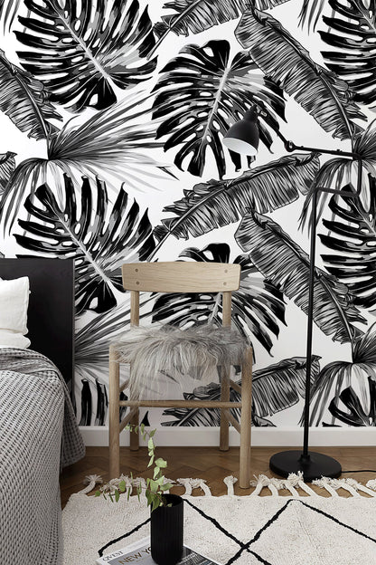 Monstera Palm Wallpaper Removable Self-adhesive Wallpaper, Palm Leaves, Tropical Wall Decor, Jungle Wallcovering - B118