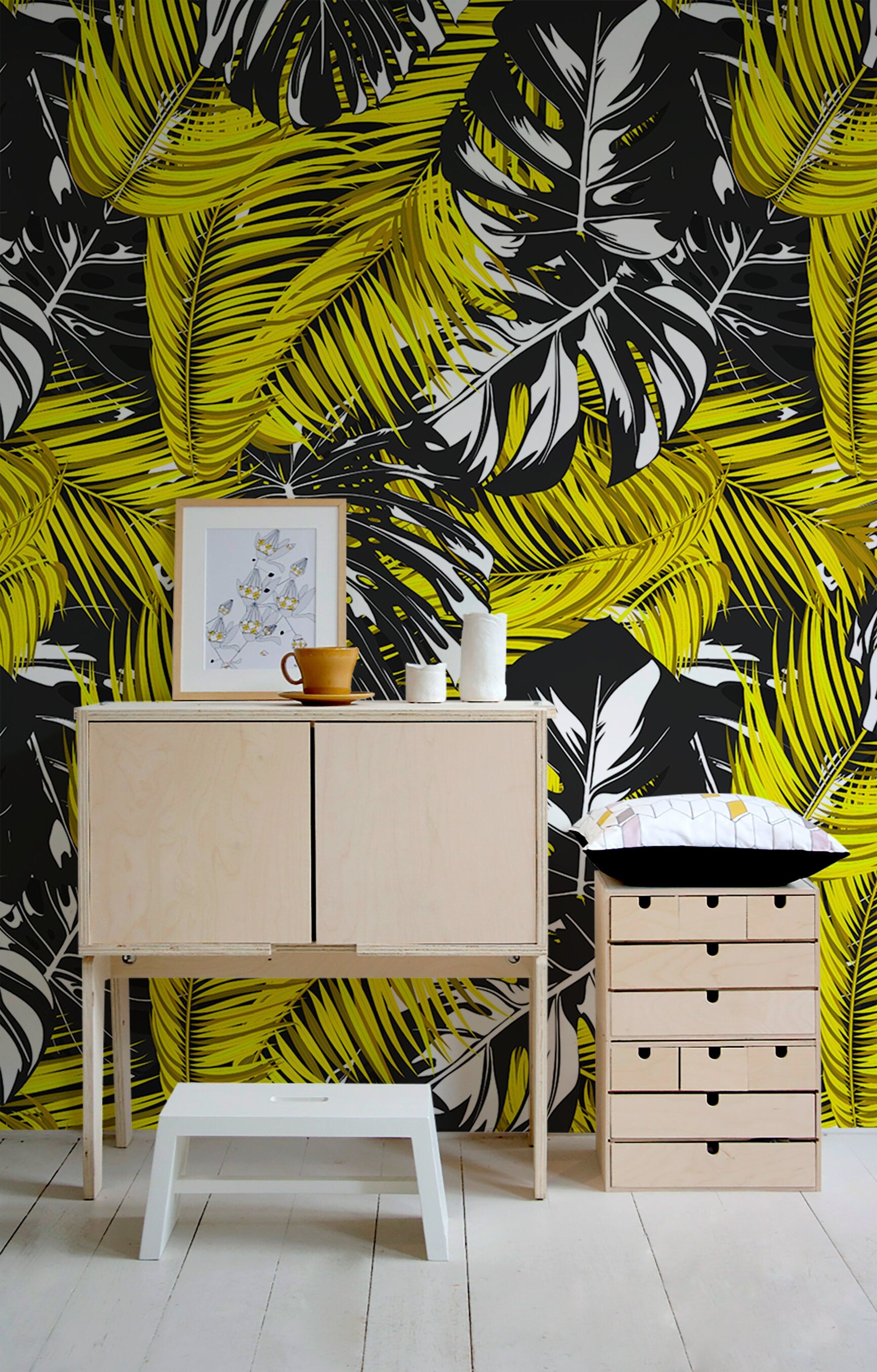 Tropical Neon Yellow Plants Wallpaper, Removable Wallpaper, Spring, Art Pop Wallpaper, Plants Wallpaper - B139