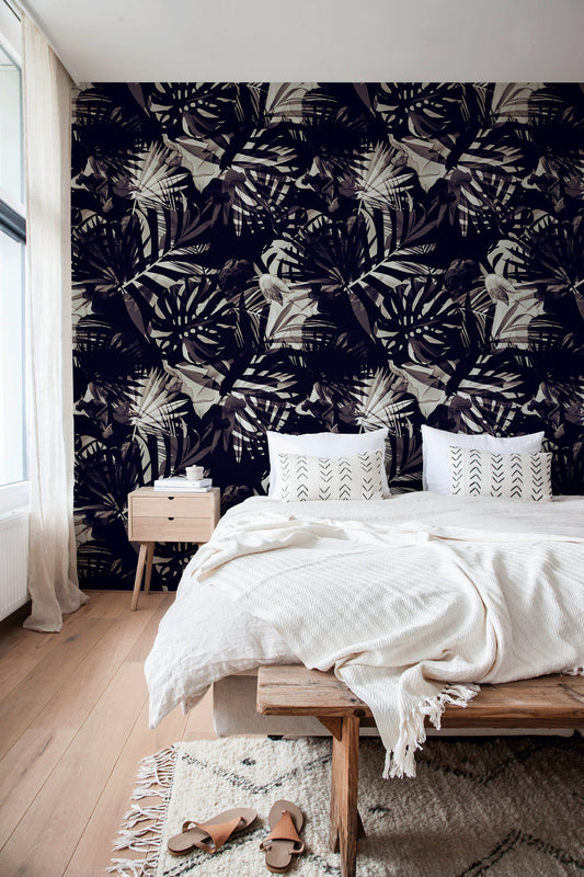 Wallpaper Peel and Stick Wallpaper Removable Wallpaper Home Decor Wall Art Wall Decor Room Decor / Black Tropical Leaves Wallpaper - A975