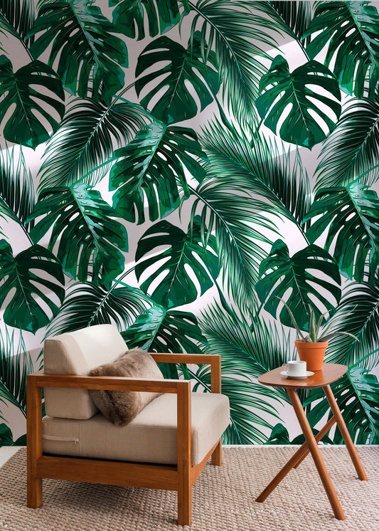 Monstera Leaf Wallpaper, Removable Wallpaper, Temporary Wallpaper, Monstera Leaves Wallpaper, Jungle Wall Decor, Jungle Wallcovering - B125
