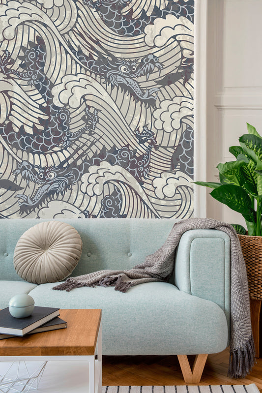 Dragon Waves Wallpaper - Removable Wallpaper Peel and Stick Wallpaper Wall Paper - B257