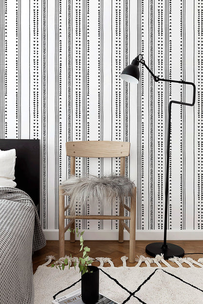 Black and White Tribal Geometric Removable Wallpaper Scandinavian Wallpaper Peel and Stick Wallpaper Wall Paper - B260