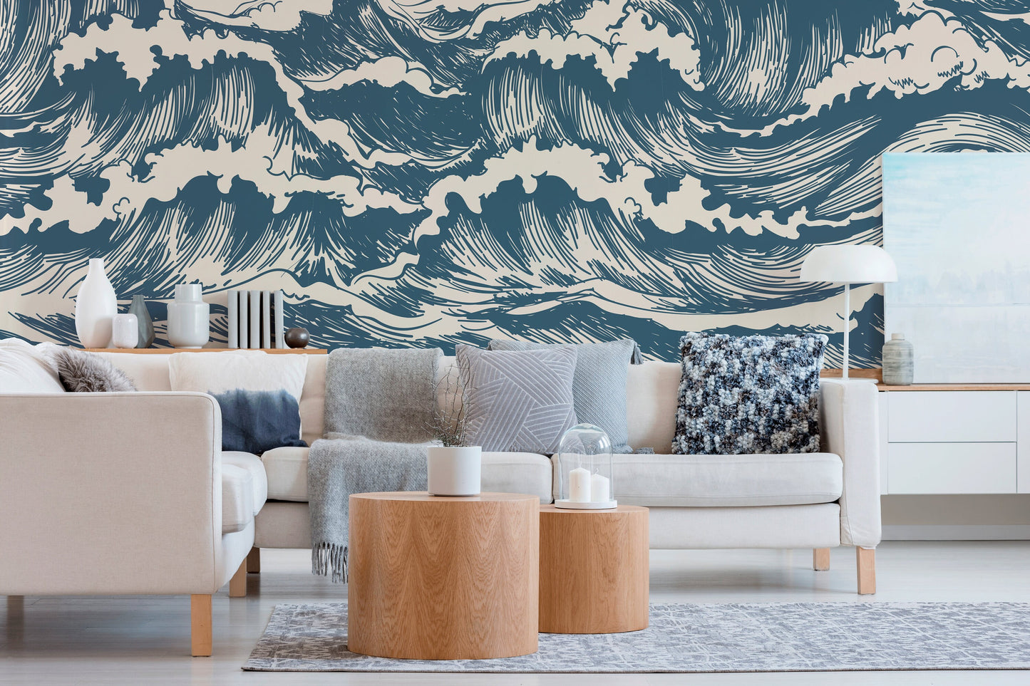 Removable Wallpaper Peaceful Wallpaper Waves Wallpaper Peel and Stick Wallpaper Wall Paper Mural - B256