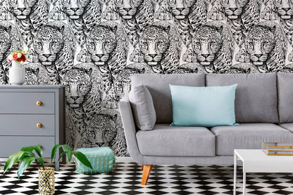 Black And White Jaguar Wallpaper, Animal, Peel and Stick Wallpaper, Wall Paper Removable, Wallpaper - B525