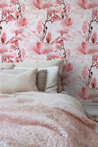 Pink Floral, Removable Wallpaper, Vintage Wallpaper, Flower Wallpaper -B047