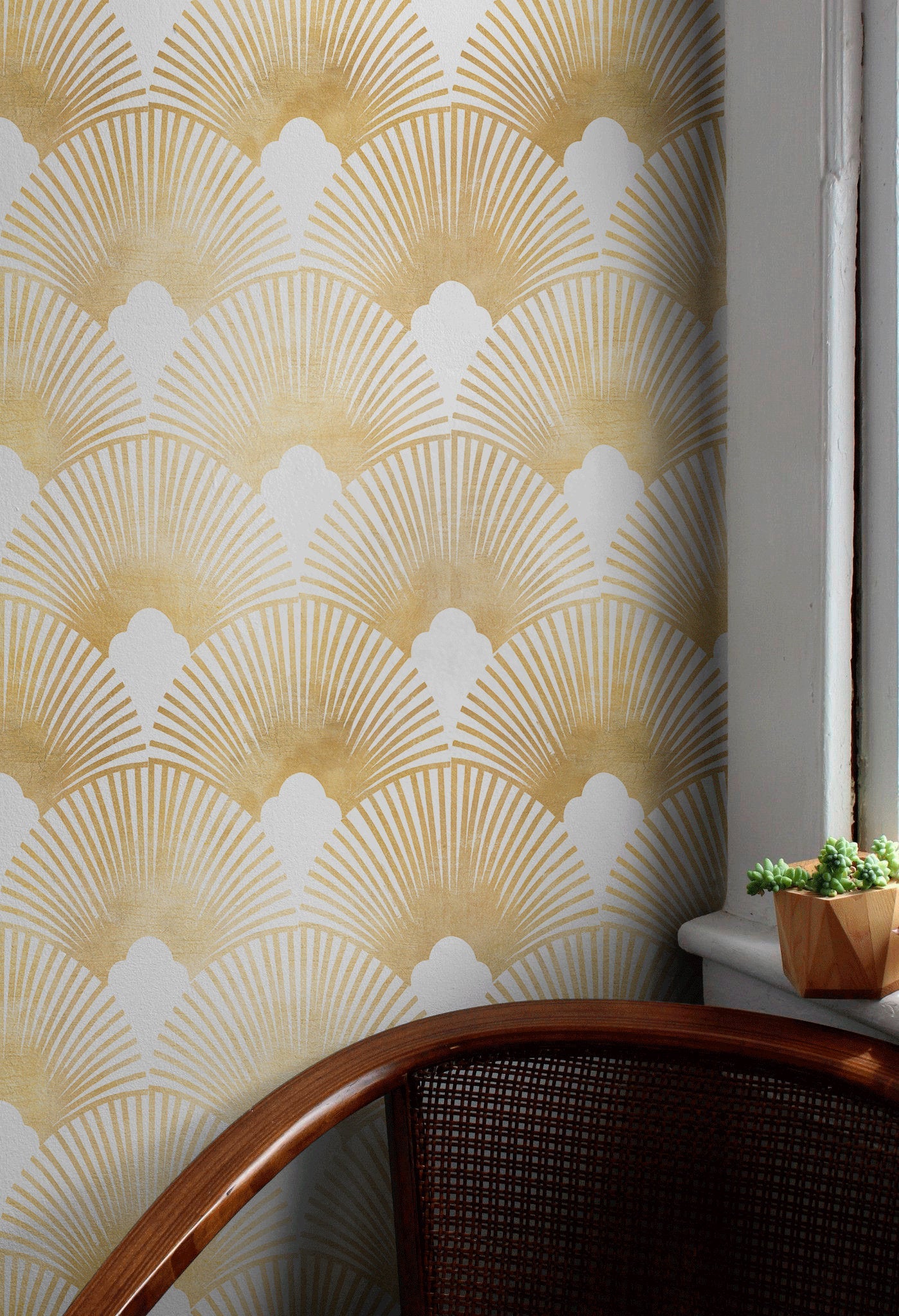 Gold & Navy Art Deco Fan Repeat Pattern Wallpaper