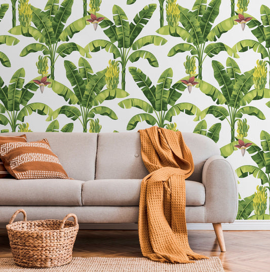 Banana Wallpaper, Bananas and Leaves, Banana Leaf Wallpaper, Tropical Wallpaper, Removable Wallpaper, Fabric, Peel and Stick - A207