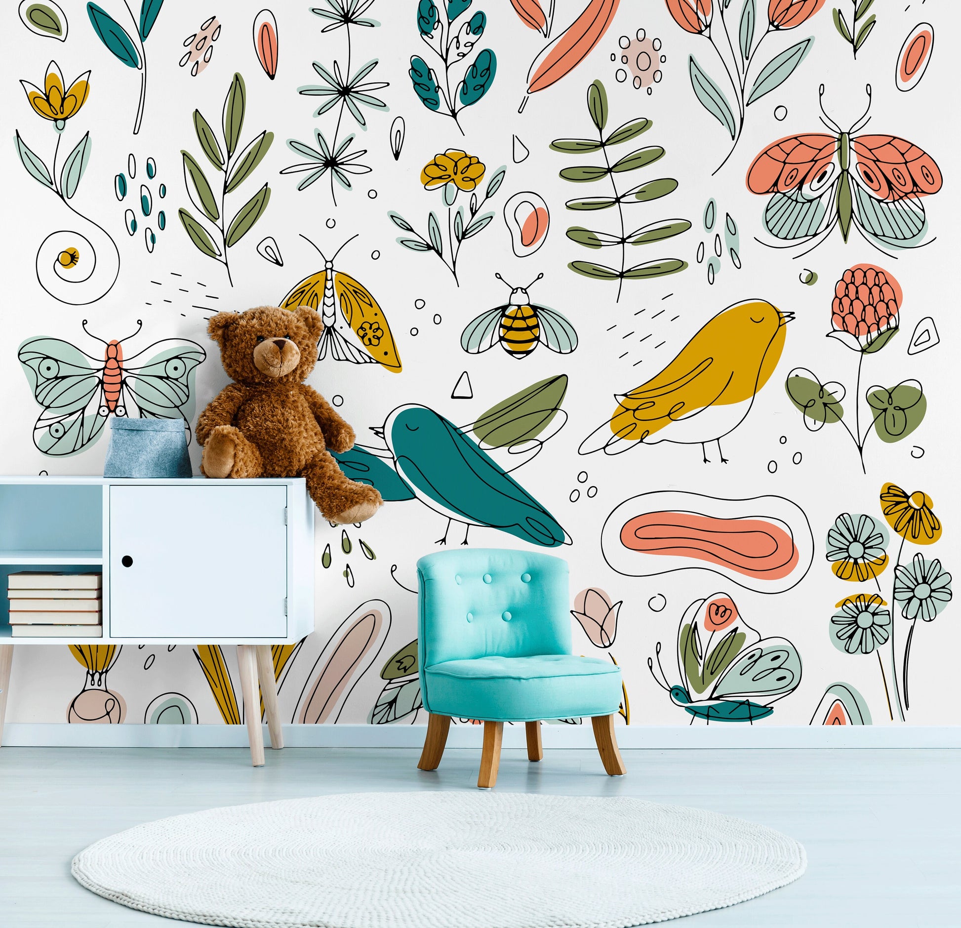 Garden Illustration Removable Wallpaper Home Decor Wall Art Room Decor / Cute Floral and Butterflies Wallpaper - B982