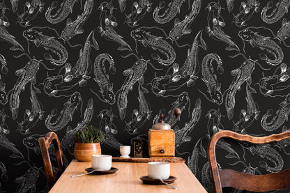 Elegant Koi Line Art Wallpaper - C040