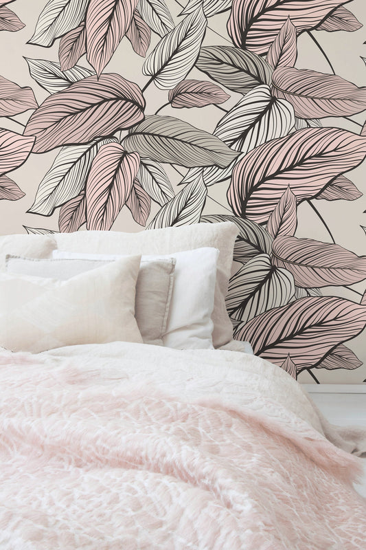 Boho, Removable Wallpaper, Leaves, Botanical, Temporary Wallpaper, Spring Pattern,Wall Paper Removable, Wallpaper-C200