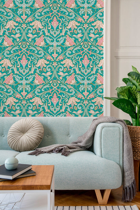Wallpaper Removable Wallpaper Peel and Stick Wallpaper Wall Decor Home Decor Wall Art Printable Wall Art / Turquoise Floral Damask - C235