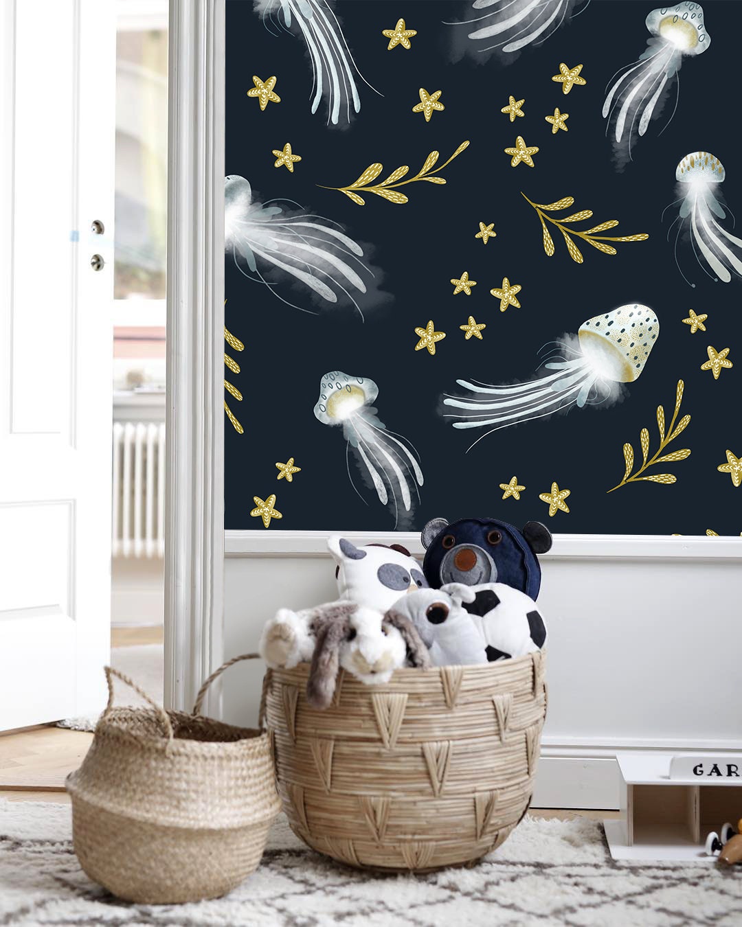 Removable Wallpaper Peel and Stick Wallpaper Wall Paper Wall / Jellyfish Navy Nursery Room Wallpaper - X120