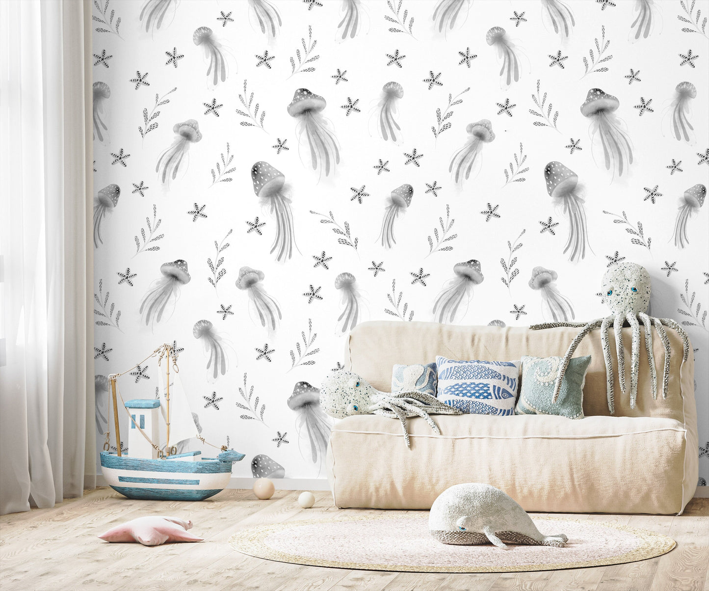 Removable Wallpaper Wallpaper Plants Wallpaper Peel and Stick Wallpaper Wall Paper / Jellyfish Gray Nursery Room Wallpaper-X119