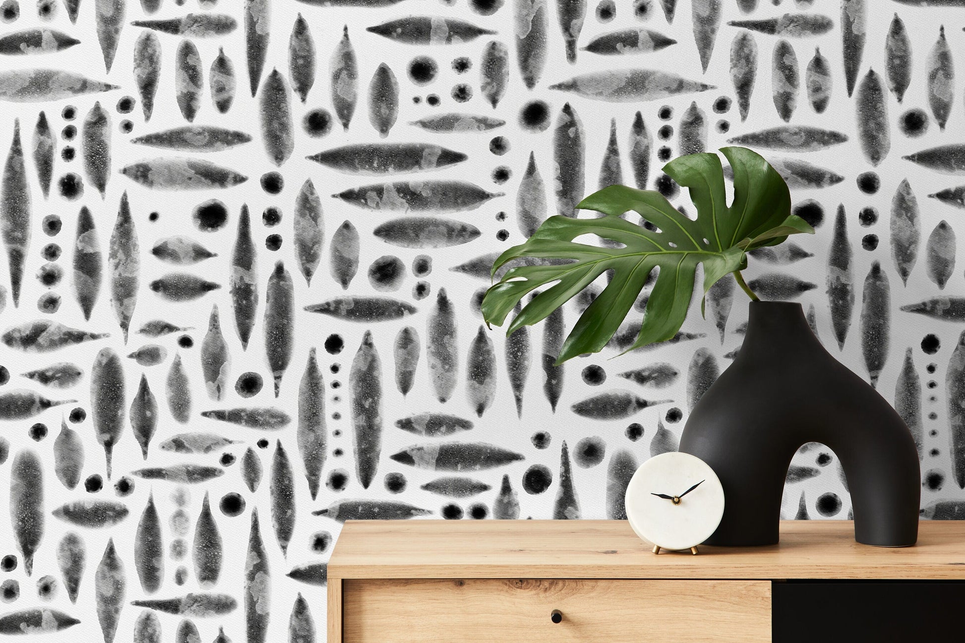 Removable Wallpaper Peel and Stick Wallpaper Wall Watercolor Wallpaper Print / Abstract Black and White - X114