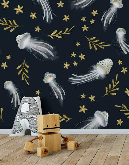 Removable Wallpaper Peel and Stick Wallpaper Wall Paper Wall Mural / Jellyfish Navy Nursery Room Wallpaper - X120