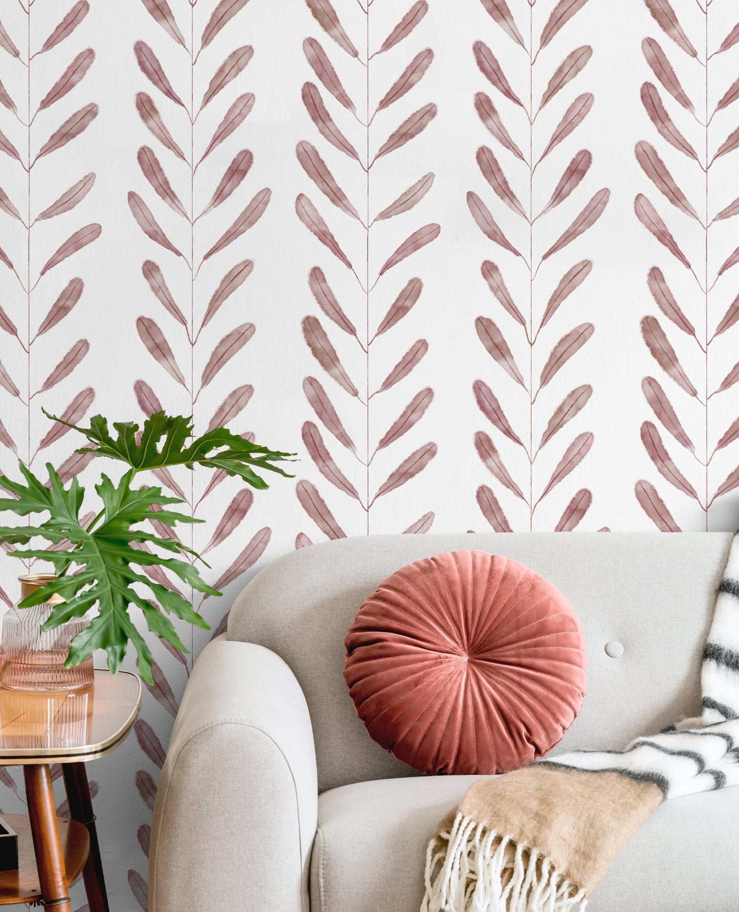 Peel and Stick Wallpaper Removable Wallpaper Wall Decor Home Decor Wall Art Printable Wall / Rose Color Leaf Wallpaper - X134