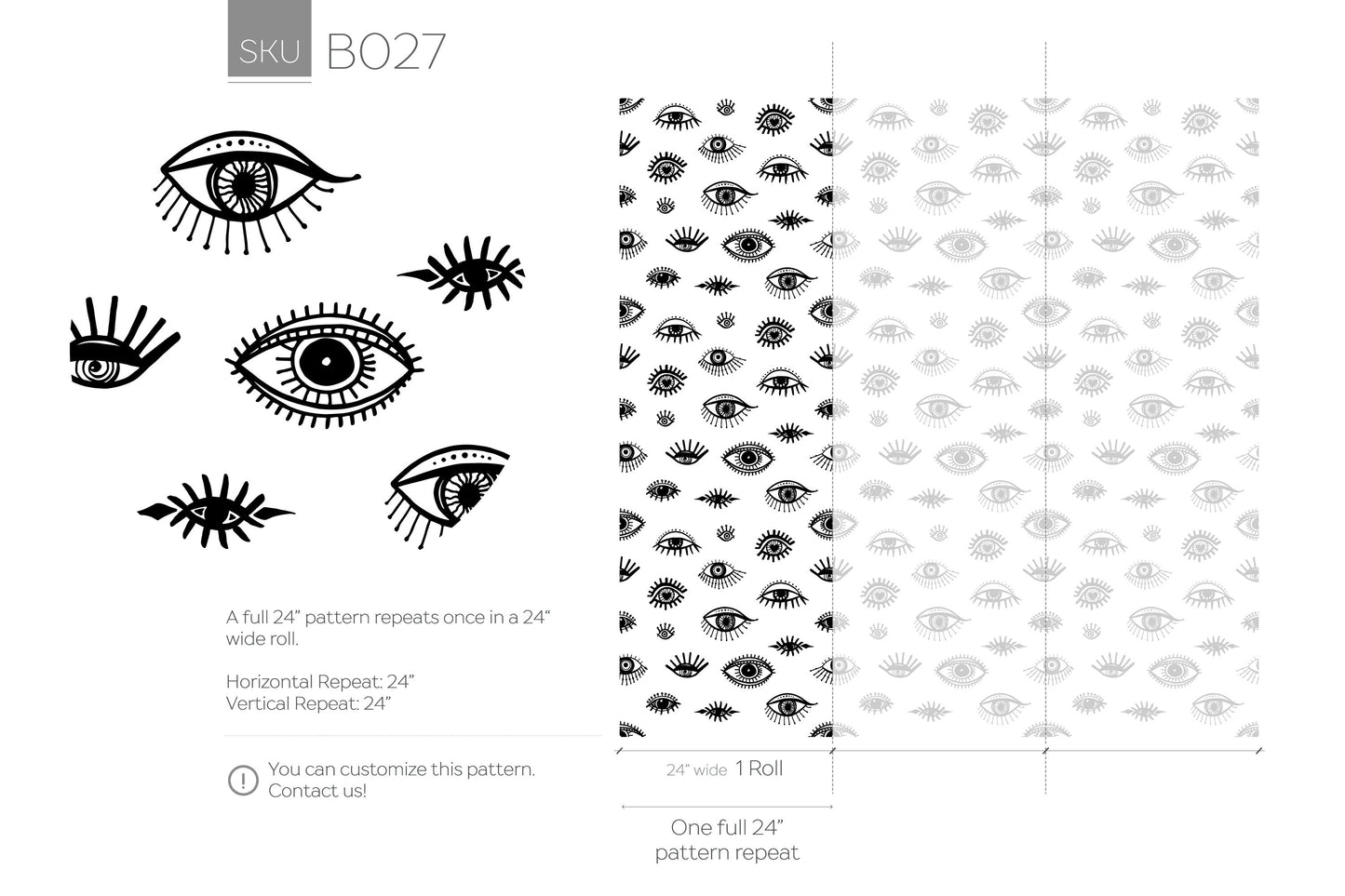 Removable Wallpaper, Minimalistic Wallpaper, Peel and Stick Wallpaper, Black and White Eyes Wallpaper - B027