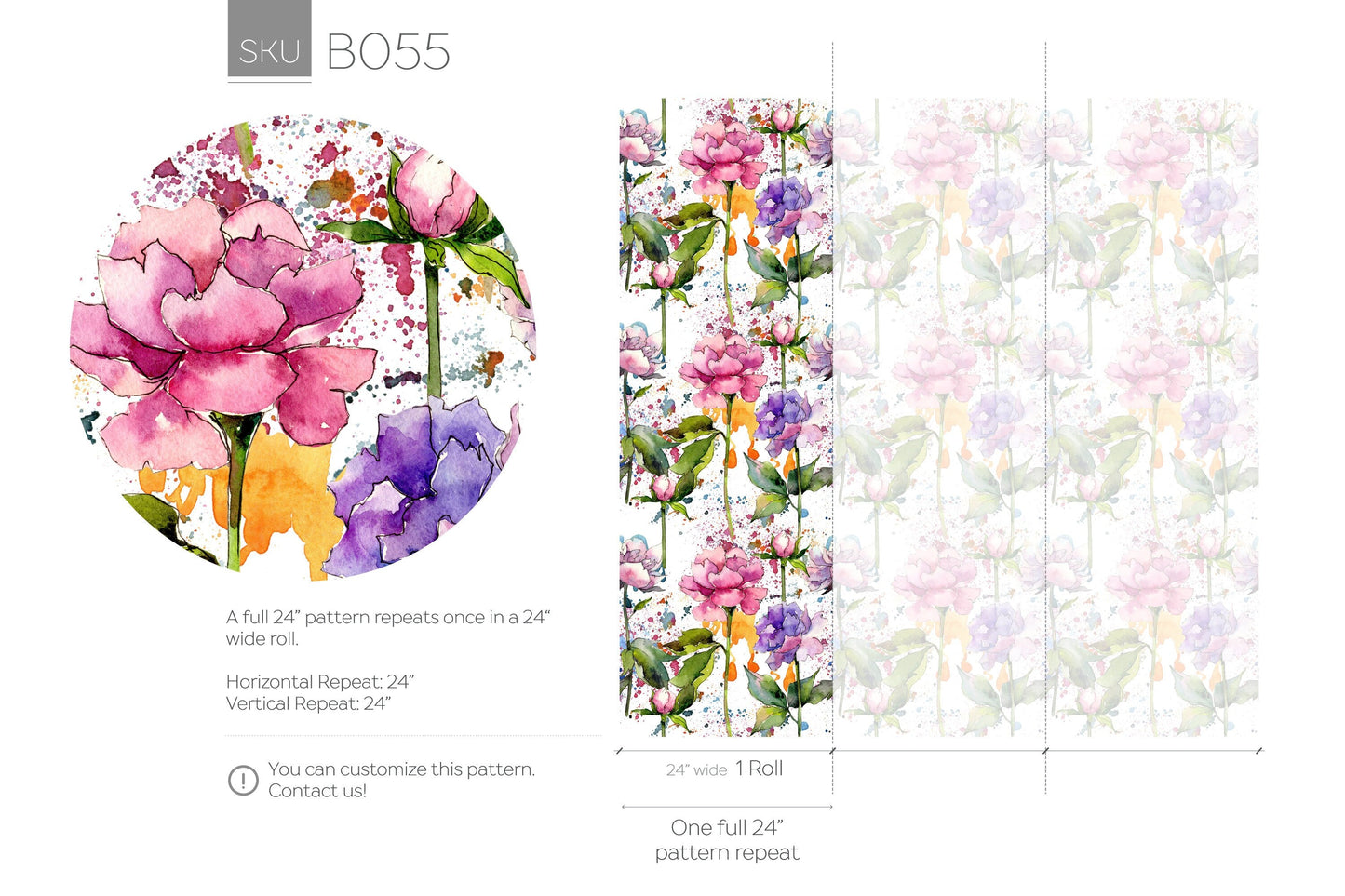 Floral Wallpaper, Removable Wallpaper, Flower Wallpaper, Watercolor print, Watercolor print - B055