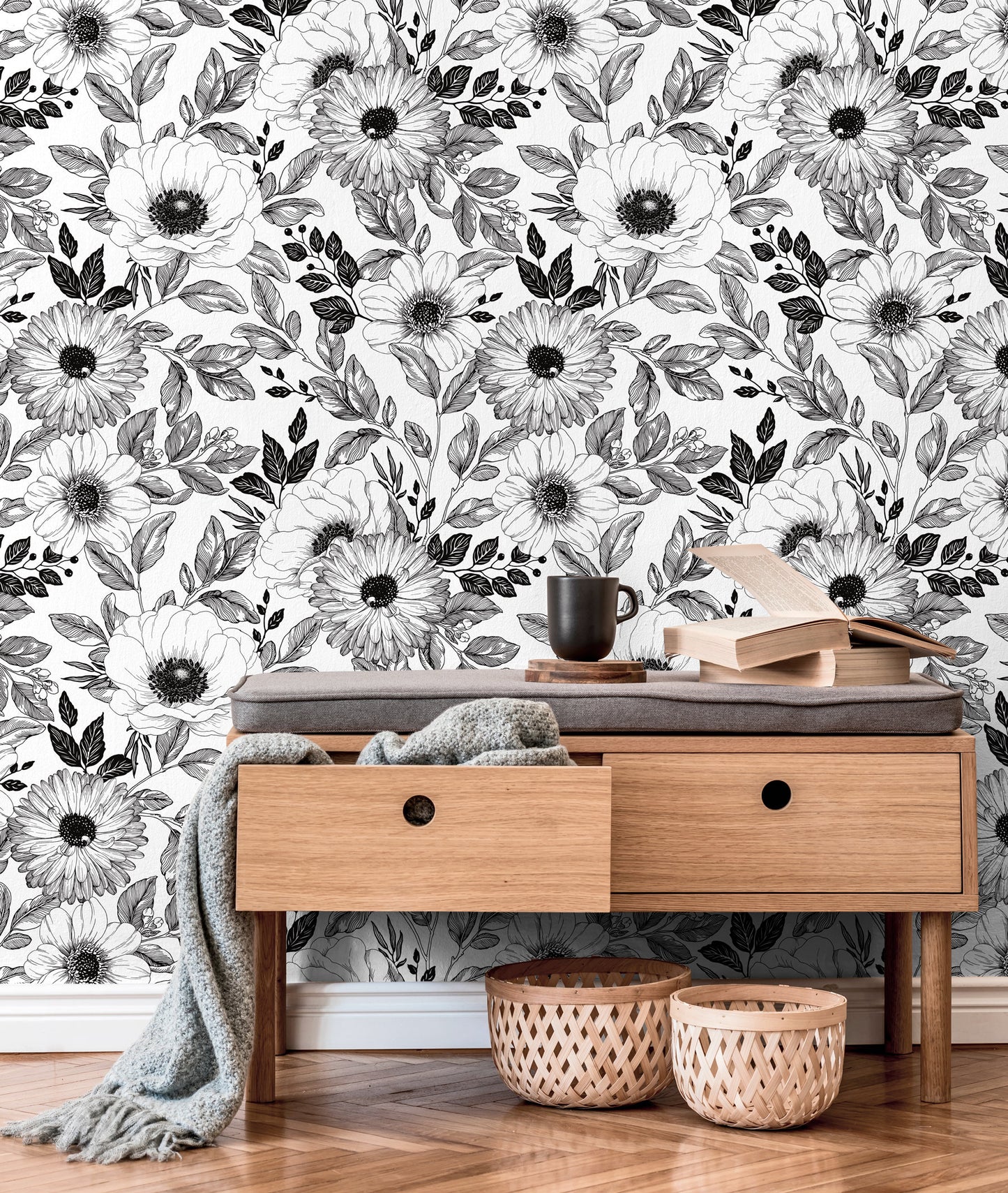 Wall Decor Wallpaper Peel and Stick Wallpaper Removable Wallpaper Home Decor Wall Art Room Decor / Black and White Floral Wallpaper - B011