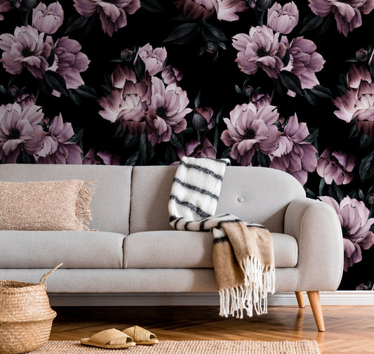 Wallpaper Peel and Stick Wallpaper Removable Wallpaper Home Decor Wall Art Wall Decor Room Decor / Dark Floral Peony - B197