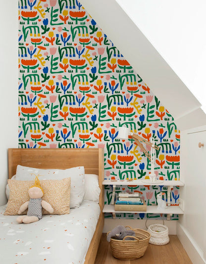 Floral Nursery Removable Wallpaper Home Decor Wall Art Wall Decor Room Decor / Colorful Kids Wallpaper - B895