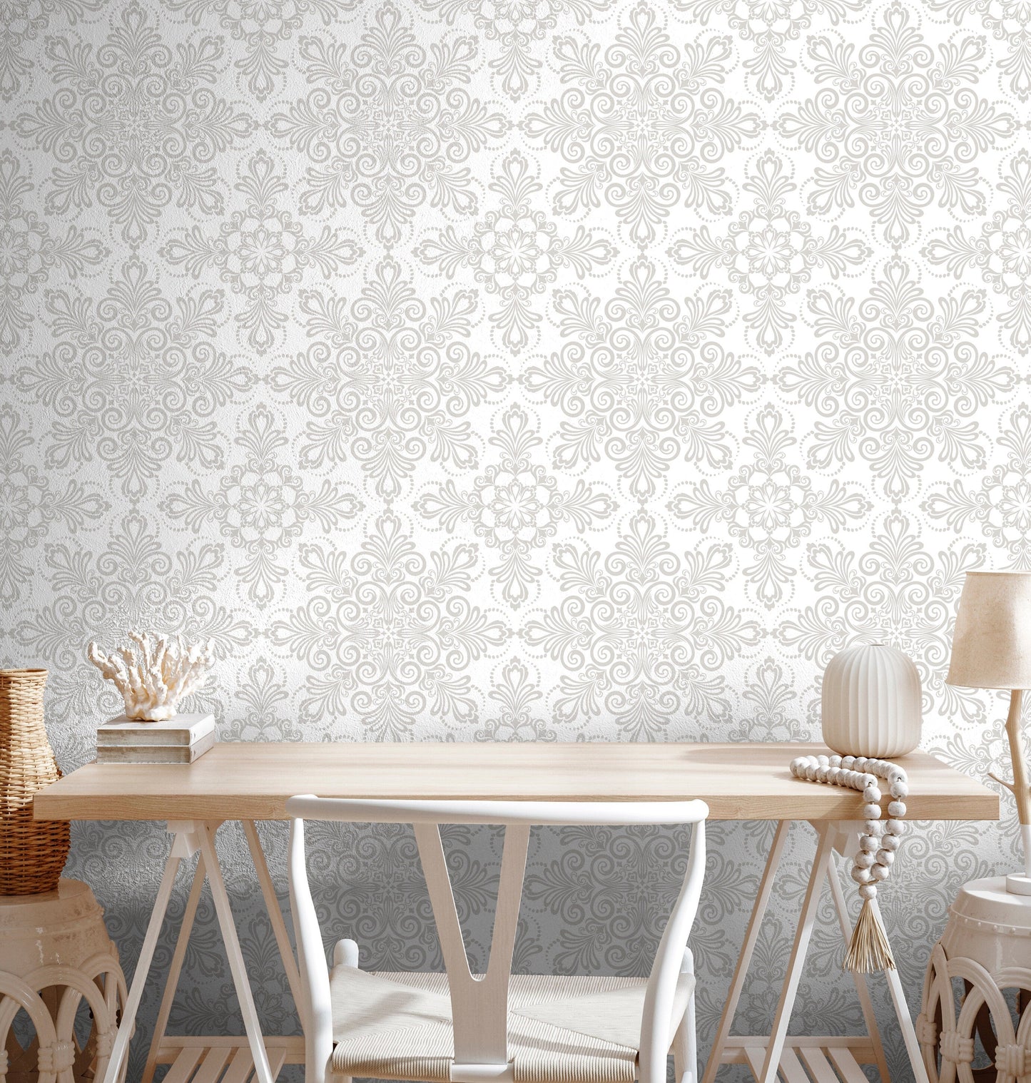 Wallpaper Peel and Stick Wallpaper Removable Wallpaper Home Decor Wall Art Wall Decor Room Decor / Gray Damask Modern Wallpaper - C342