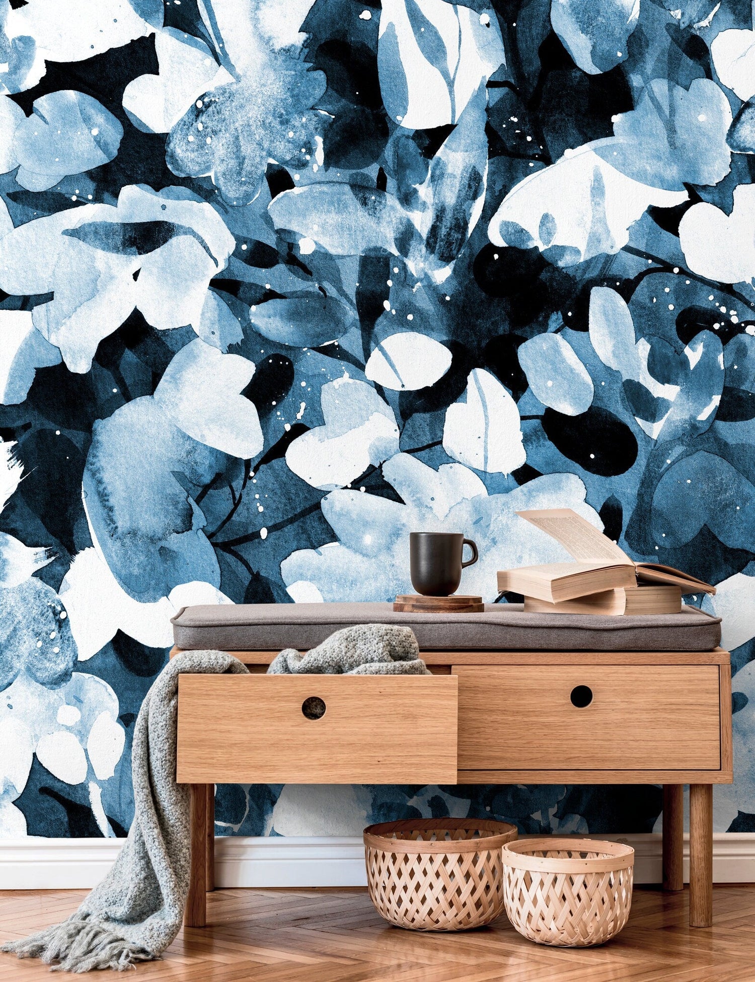Wallpaper Peel and Stick Wallpaper Removable Wallpaper Home Decor Wall Art Wall Decor Room Decor / Navy Blue Leaves Wallpaper - X148
