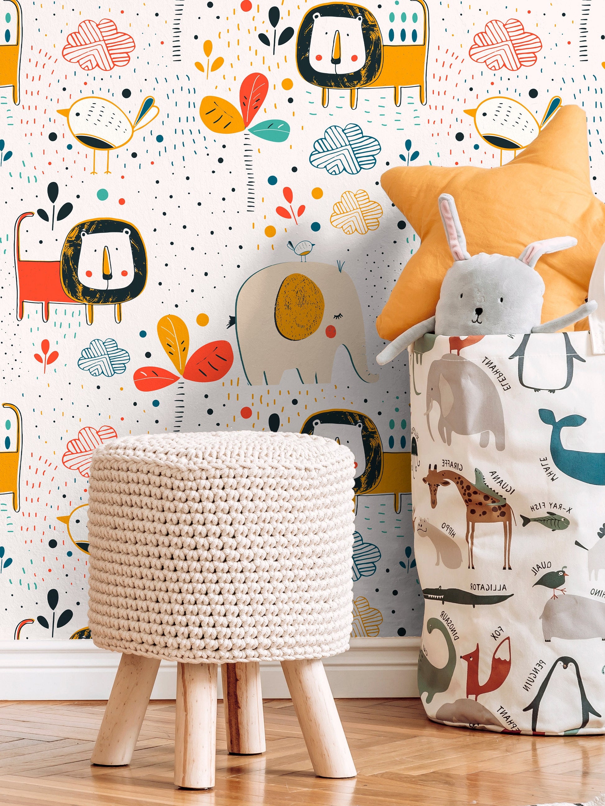 Nursery Wallpaper Removable Wallpaper Home Decor Wall Art Room Decor / Colorful Animal Kids Wallpaper - B738