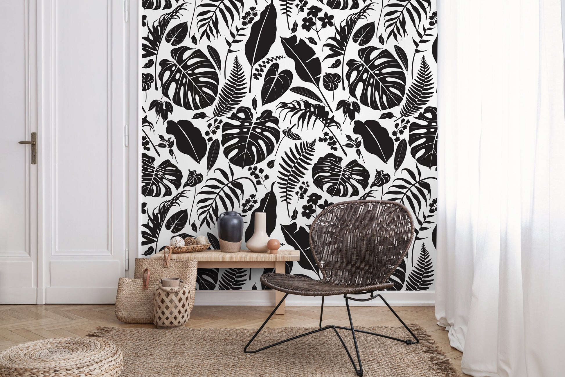 Wallpaper Peel and Stick Wallpaper Removable Wallpaper Home Decor Wall Art Wall Decor Room Decor / Black and White Leaves Wallpaper - C439