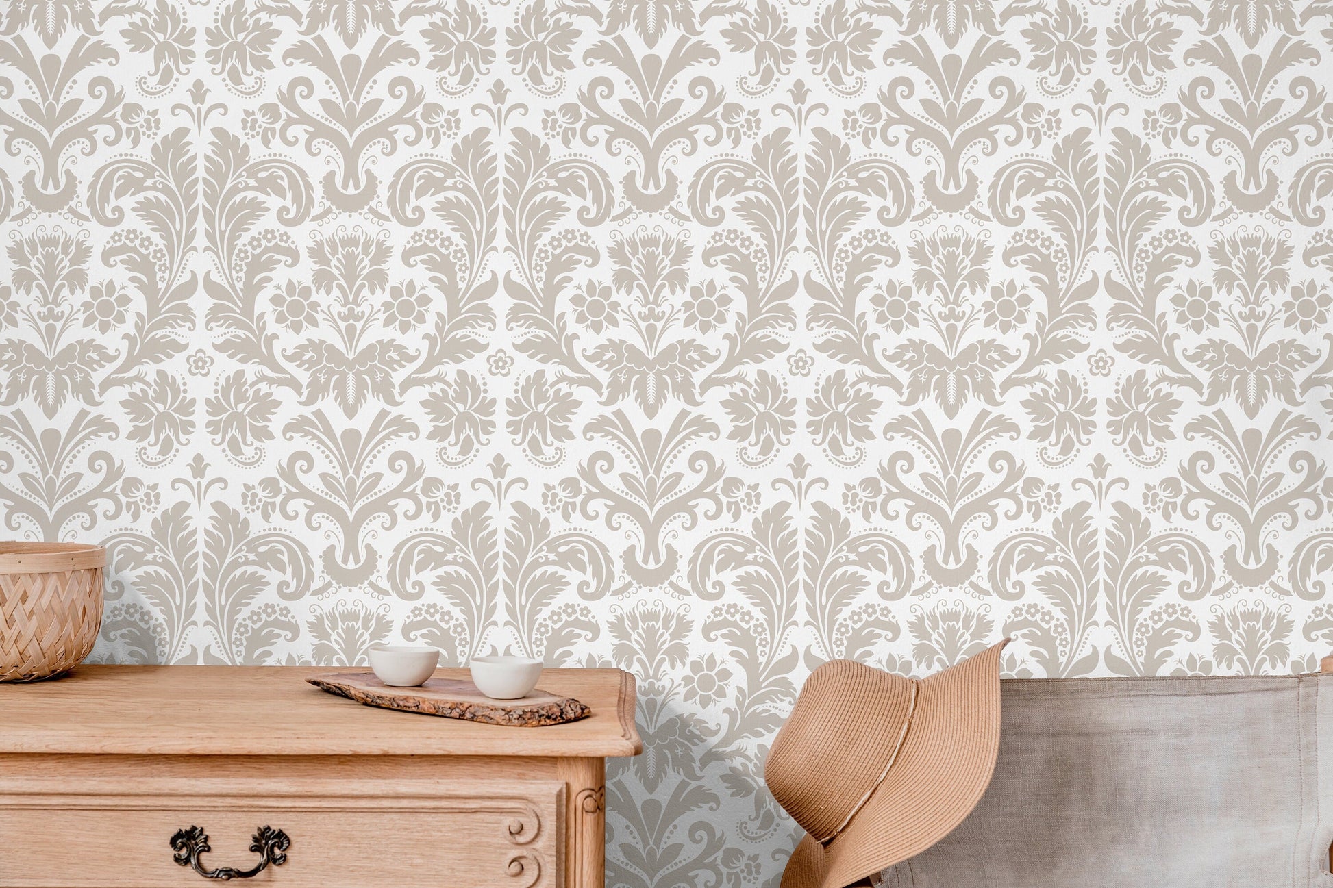 Wallpaper Peel and Stick Wallpaper Removable Wallpaper Home Decor Wall Art Wall Decor Room Decor / Beige Damask Wallpaper - C450