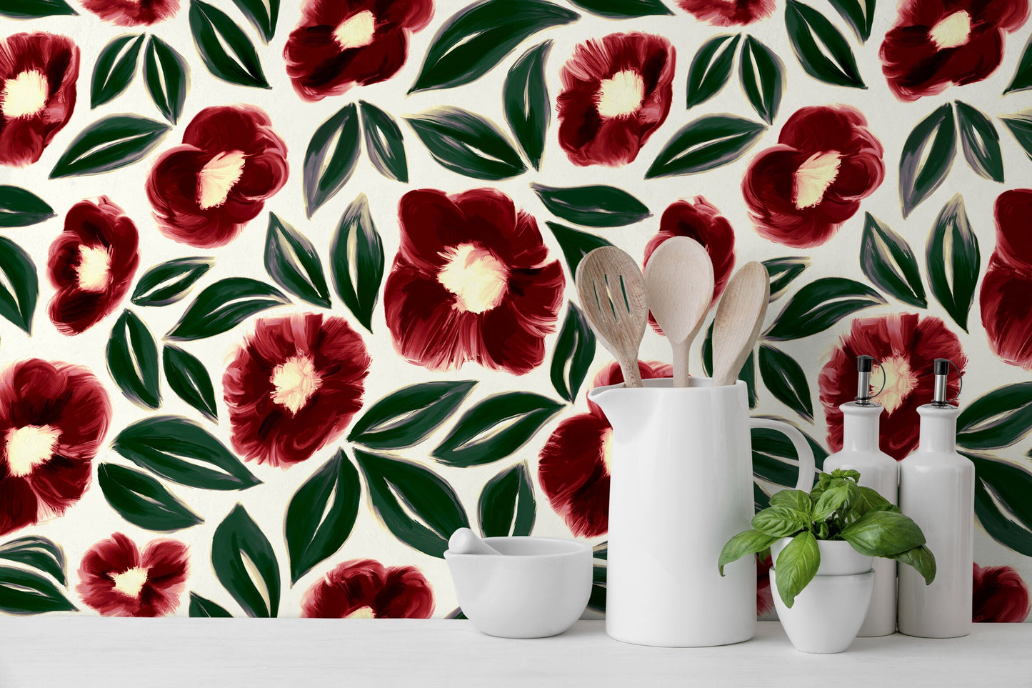 Wallpaper Removable Wallpaper Peel and Stick Wallpaper Wall Decor Home Decor Wall Art Printable Wall Art / Red Floral Wallpaper - C443