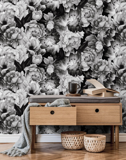 Black and White Roses, Removable Wallpaper, Flowers, Temporary Wallpaper, Wall Paper Removable, Wallpaper - B045