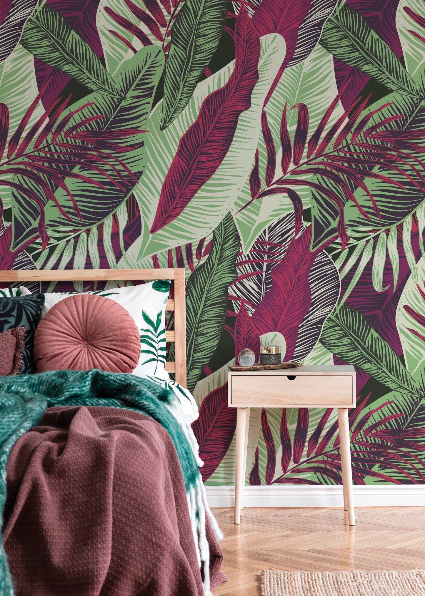 Wallpaper Peel and Stick Wallpaper Removable Wallpaper Home Decor Wall Decor Room Decor/ Red and Green Cool Tropical Leaves Wallpaper -B132