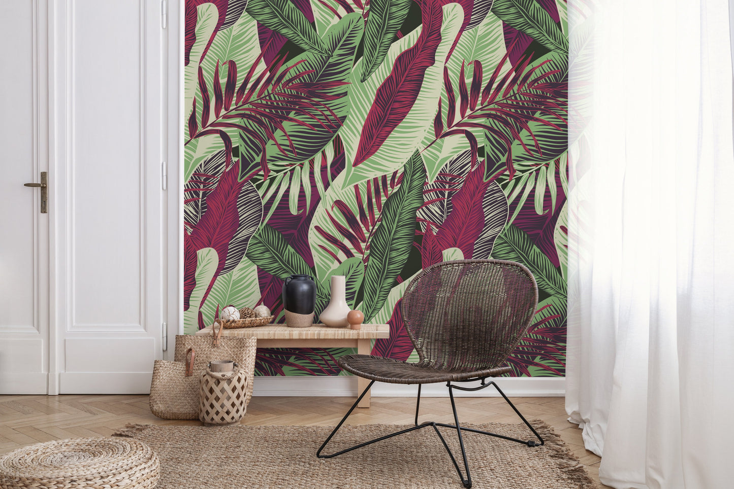 Wallpaper Peel and Stick Wallpaper Removable Wallpaper Home Decor Wall Decor Room Decor/ Red and Green Cool Tropical Leaves Wallpaper -B132