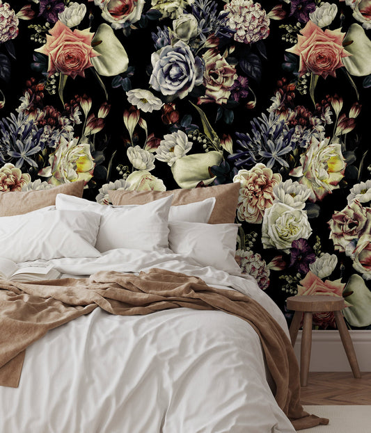 Roses Wallpaper, Wallpaper, Dark Floral, Wallpaper, Dark Roses Wallpaper, Temporary Wallpaper, Peel and Stick - A841