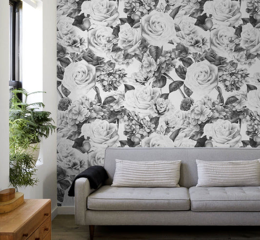 Floral Wallpaper, Removable Wallpaper, Vintage Wallpaper, Flower Wallpaper, Black Floral, Wallpaper - A240