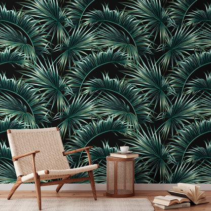 Dark Leaves Wallpaper, Tropical Wallpaper, Repositionable, Jungle, Peel and Stick - B122